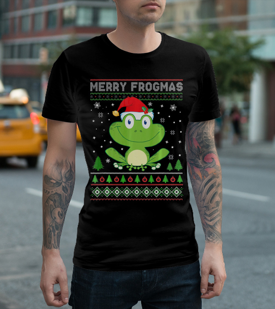 Merry Frogmas Christmas Frog Santa Hat Snowflakes Christmas Trees Ugly T-Shirt