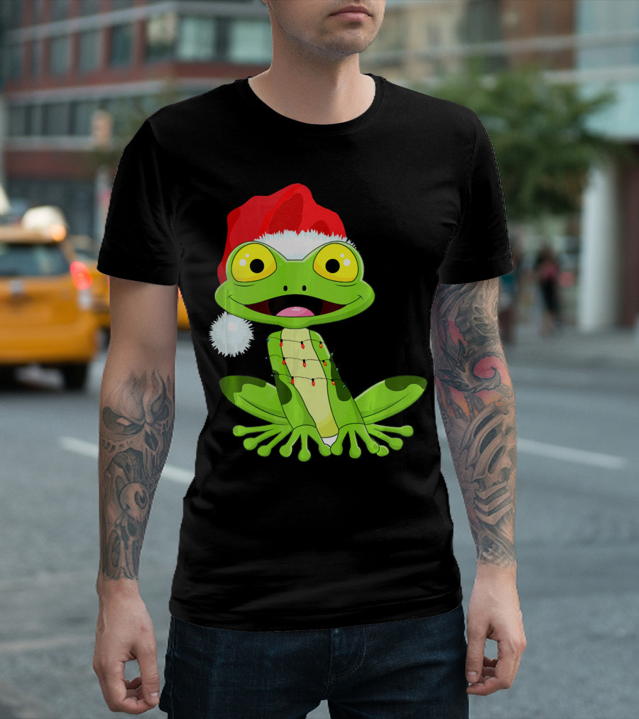 Merry And Bright Frog With Santa Hat And Holiday Lights T-Shirt