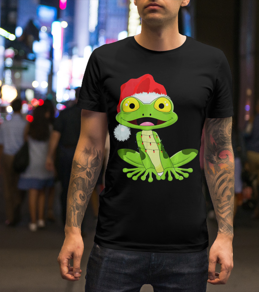 Merry And Bright Frog With Santa Hat And Holiday Lights T-Shirt