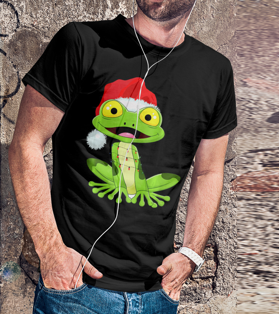 Merry And Bright Frog With Santa Hat And Holiday Lights T-Shirt