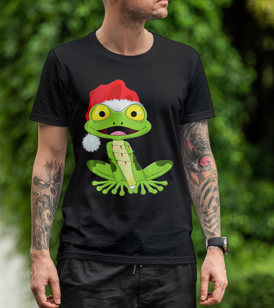 Merry And Bright Frog With Santa Hat And Holiday Lights T-Shirt
