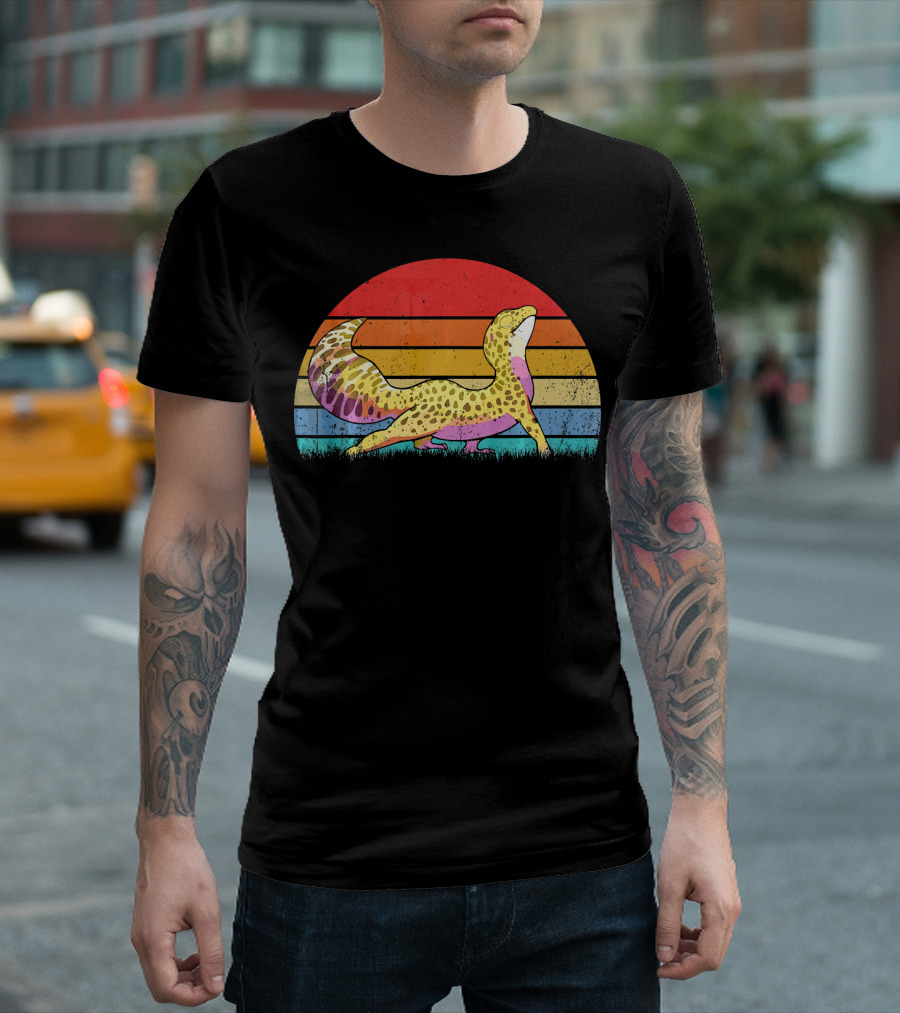 Leopard Gecko Retro Vintage Sunset Stripes T-Shirt