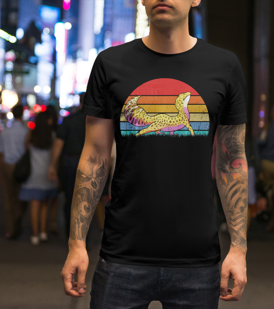 Leopard Gecko Retro Vintage Sunset Stripes T-Shirt