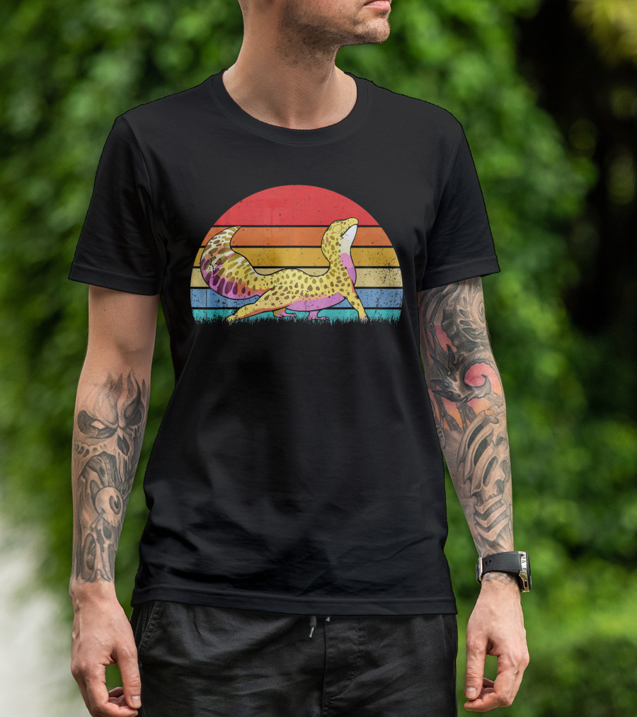 Leopard Gecko Retro Vintage Sunset Stripes T-Shirt