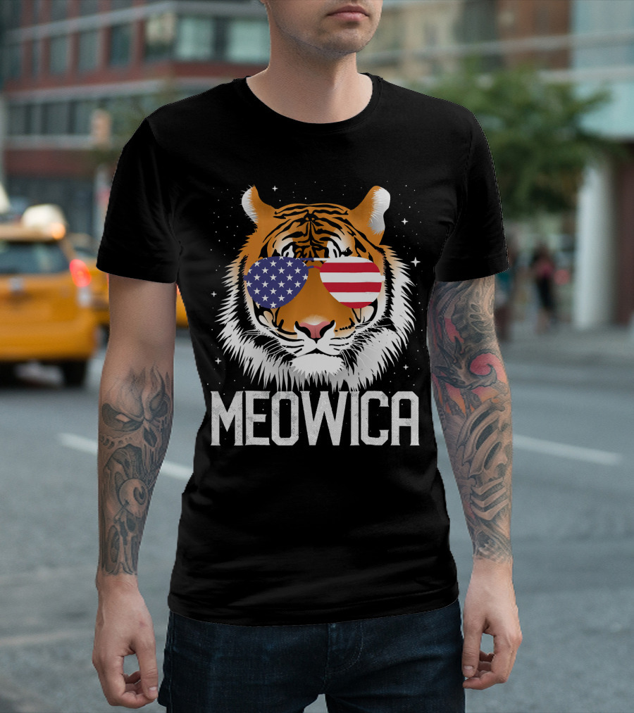 MEOWICA Patriotic Tiger Wearing American Flag Sunglasses T-Shirt