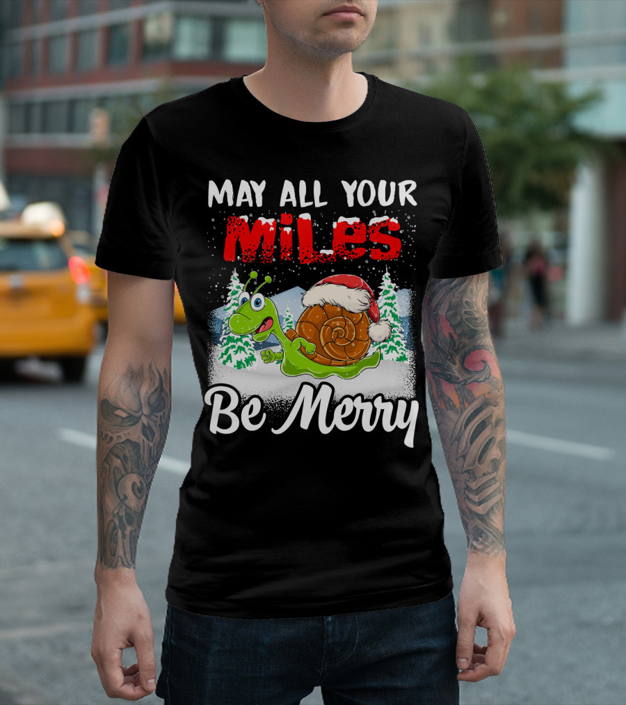 May All Your Miles Be Merry Snail Santa Hat Winter Scene T-Shirt