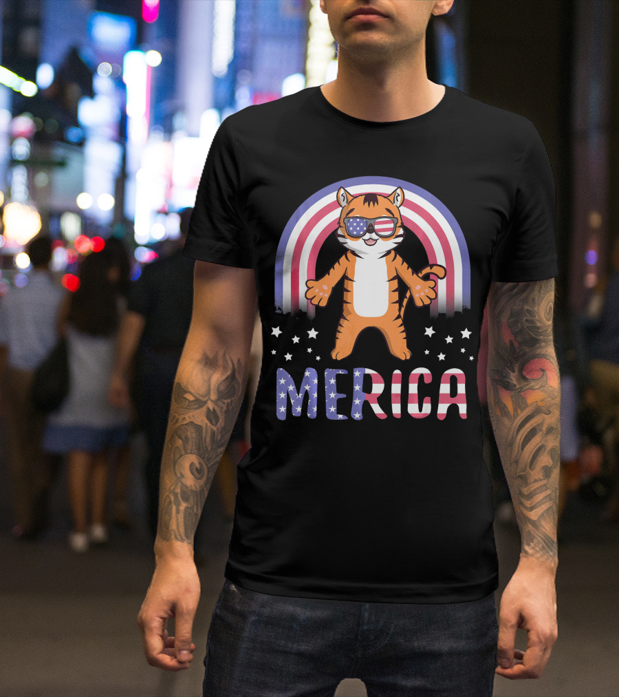 Merica Tiger USA American Flag July 4th T-Shirt