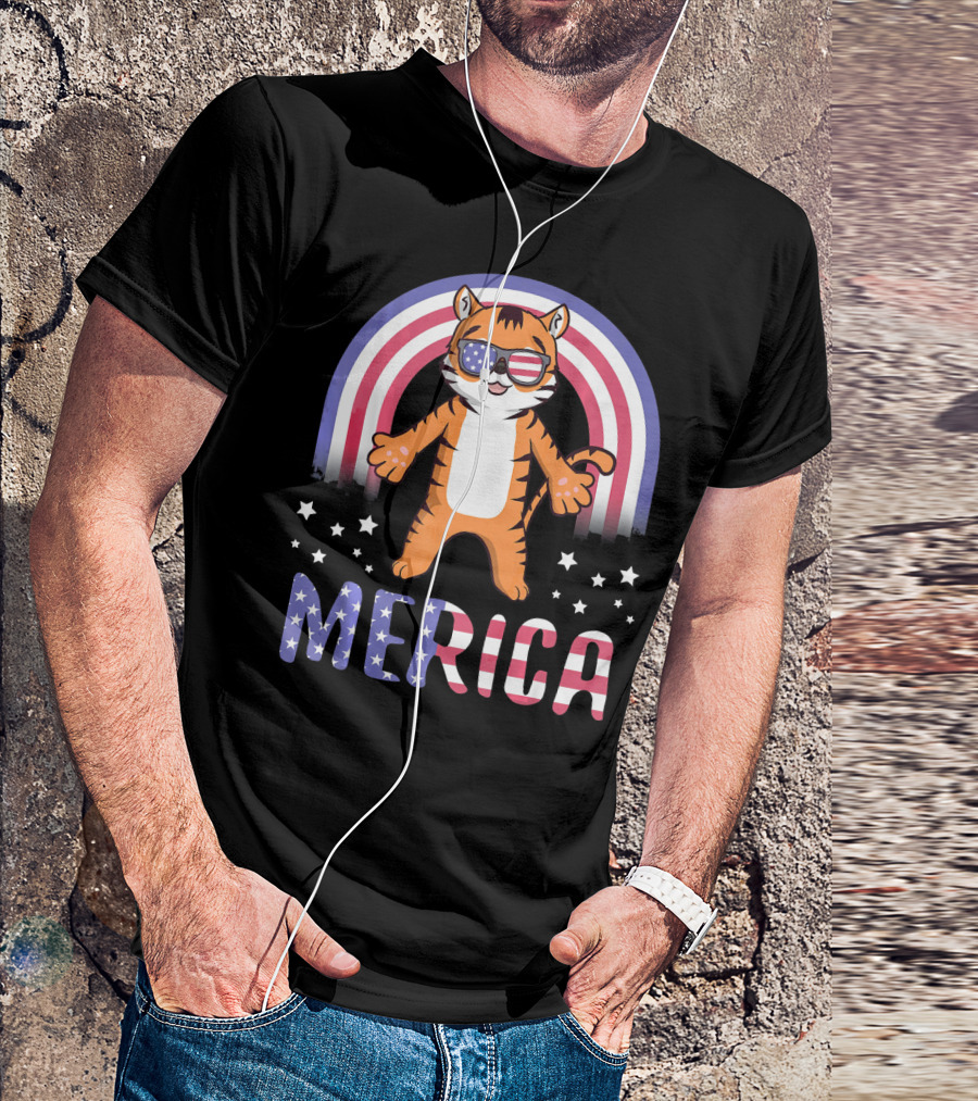 Merica Tiger USA American Flag July 4th T-Shirt
