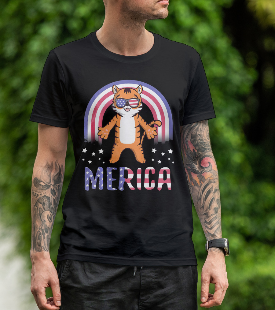 Merica Tiger USA American Flag July 4th T-Shirt