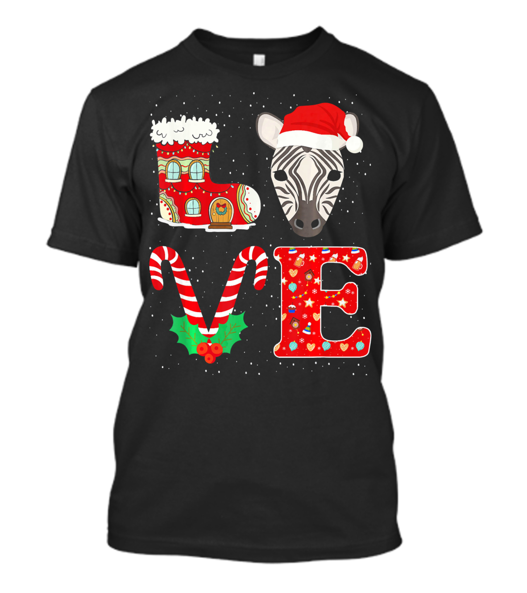 Zebra Christmas Love Santa Hat With Candy Cane And Snow Boot T-Shirt