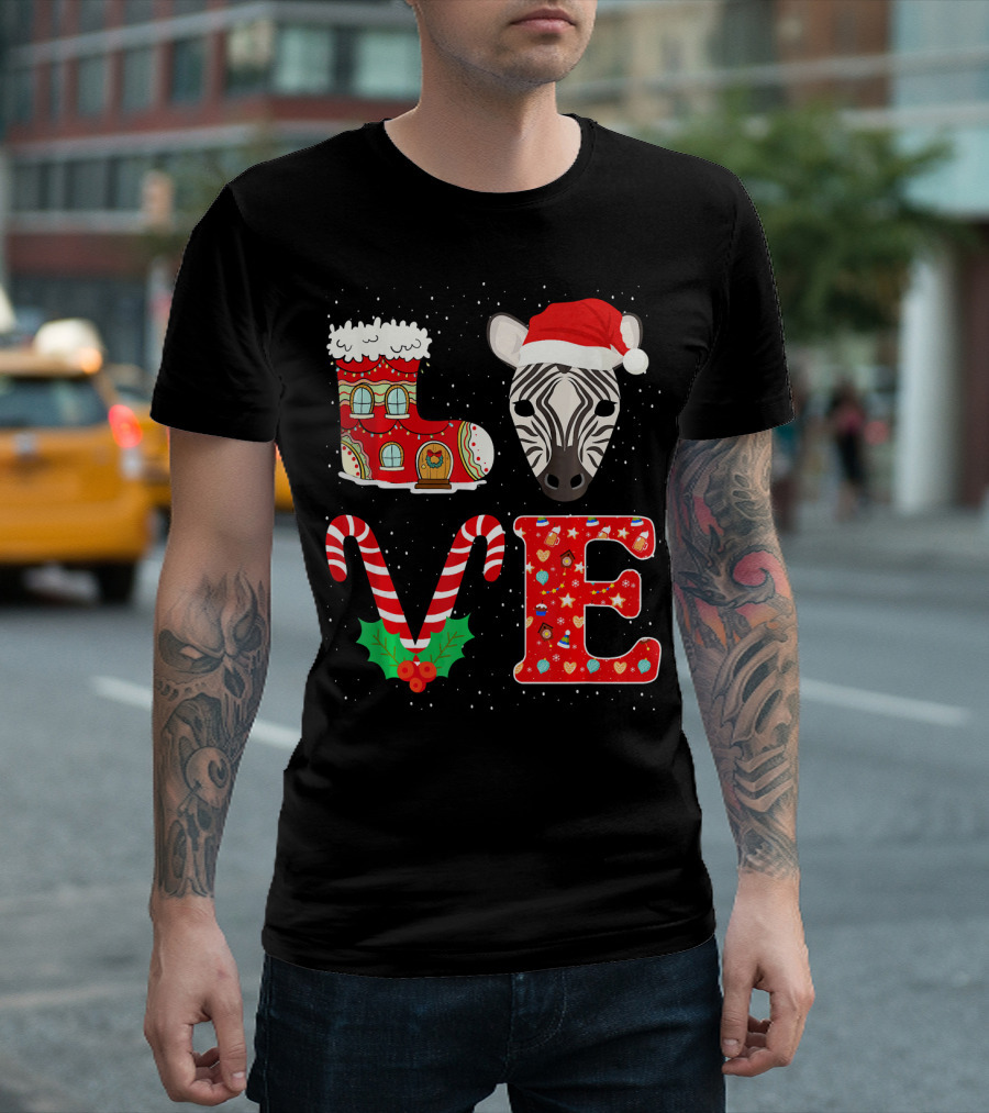 Zebra Christmas Love Santa Hat With Candy Cane And Snow Boot T-Shirt