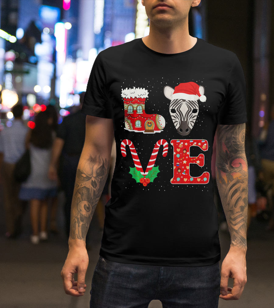 Zebra Christmas Love Santa Hat With Candy Cane And Snow Boot T-Shirt