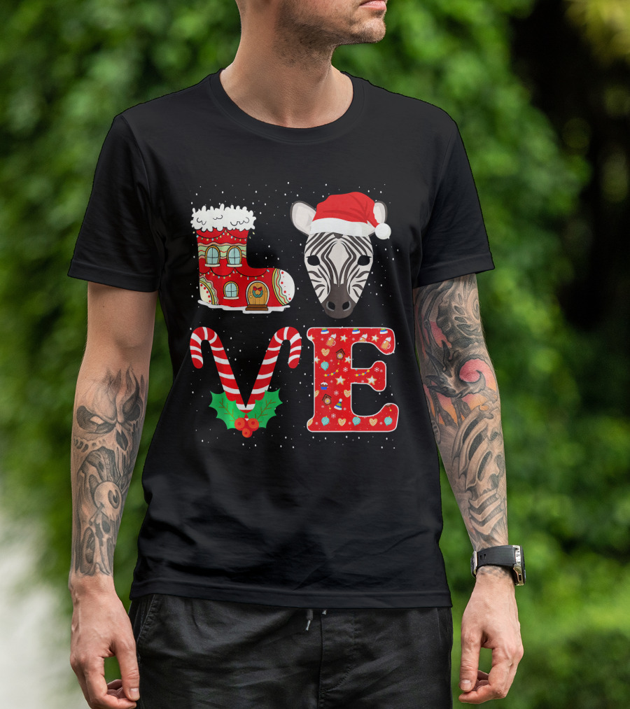 Zebra Christmas Love Santa Hat With Candy Cane And Snow Boot T-Shirt