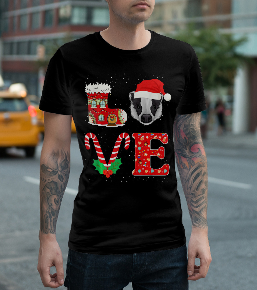 I Love My Christmas Badger Santa Hat with Candy Cane and Festive Boot T-Shirt