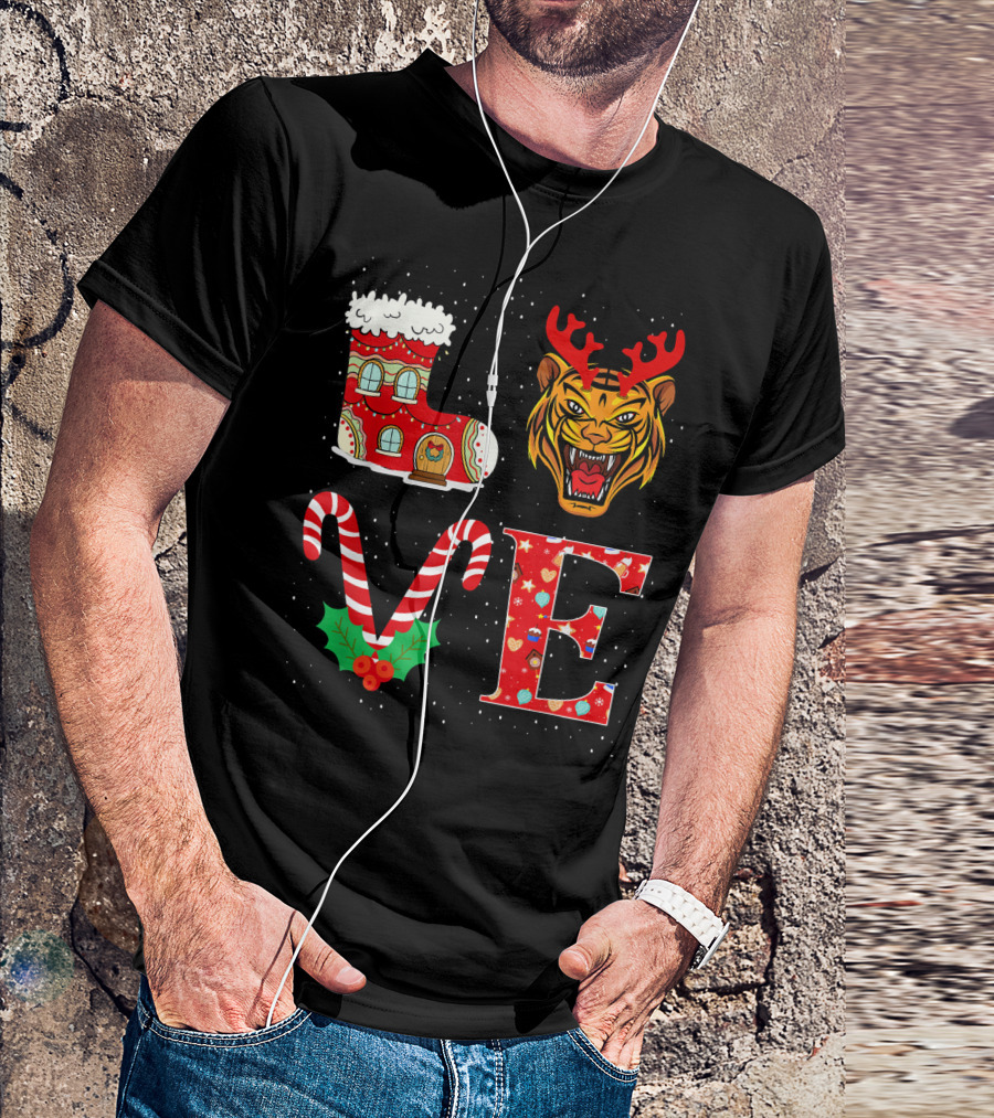 I Love Christmas Tiger Antlers Candy Cane Boot Letters T-Shirt