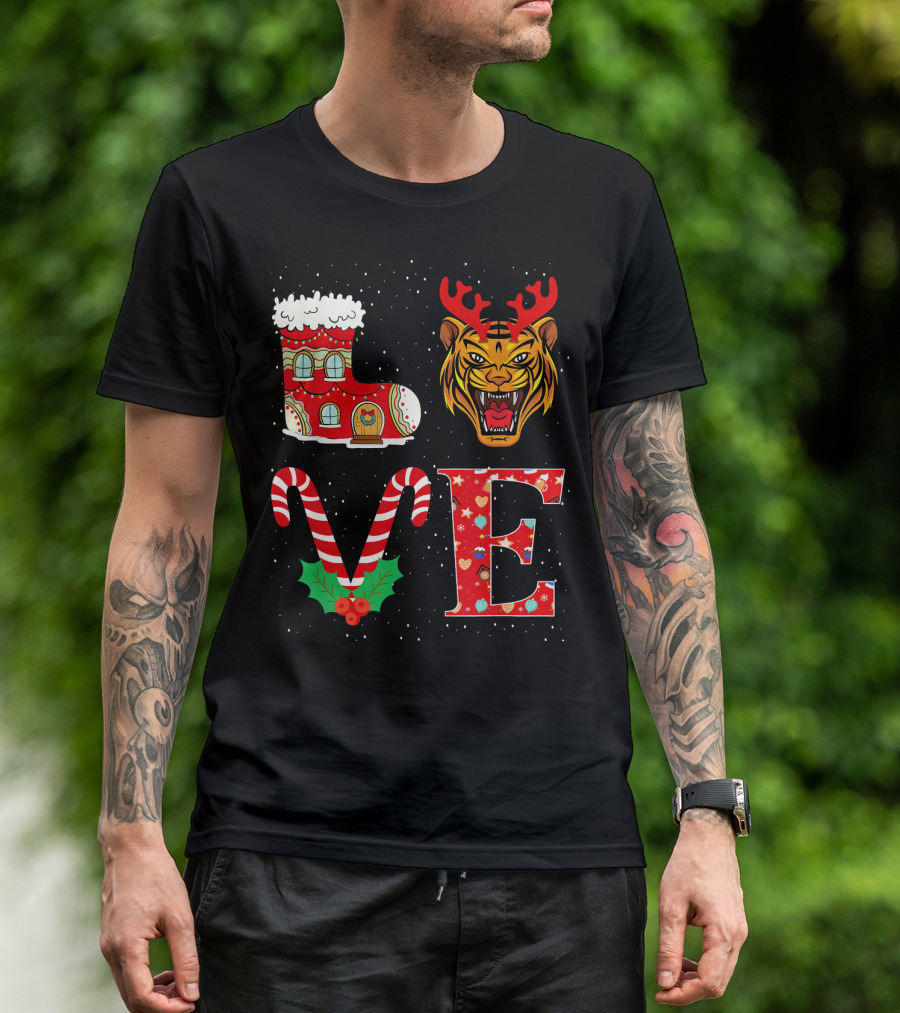 I Love Christmas Tiger Antlers Candy Cane Boot Letters T-Shirt
