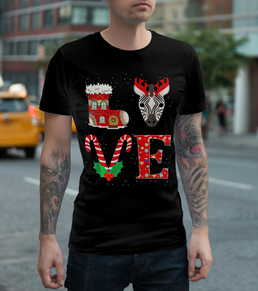 L Zebra Reindeer Horns Candy Cane Christmas T-Shirt