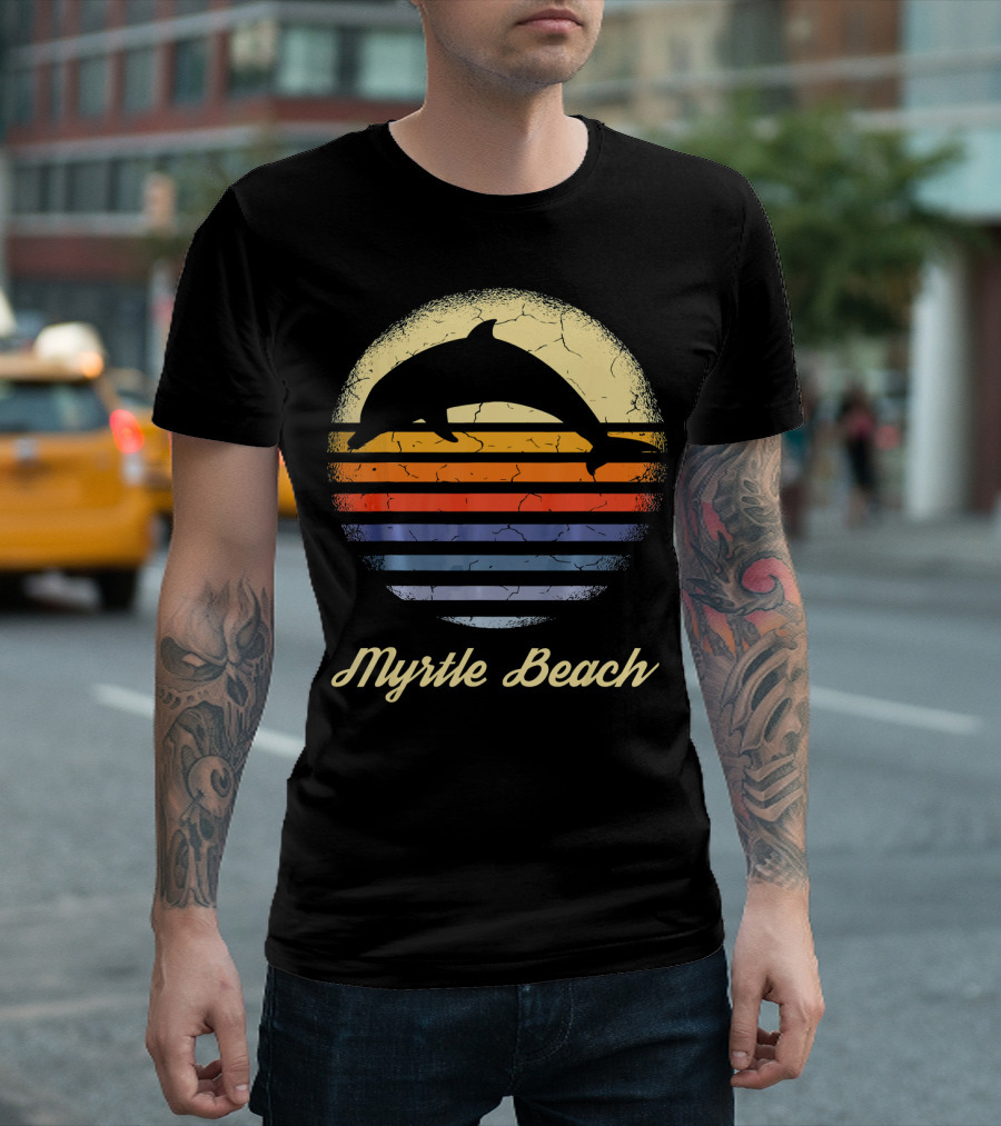 Myrtle Beach Dolphin Sunset Stripes Vintage T-Shirt