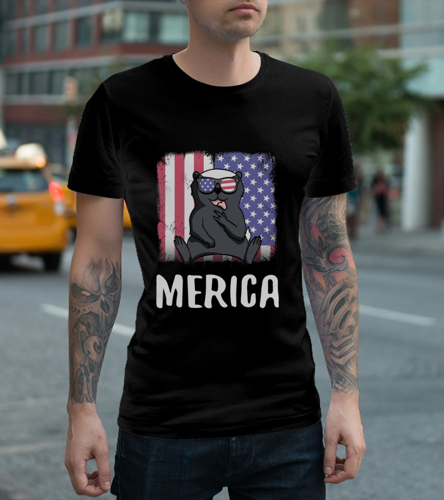 Merica Honey Badger USA American Flag Sunglasses T-Shirt