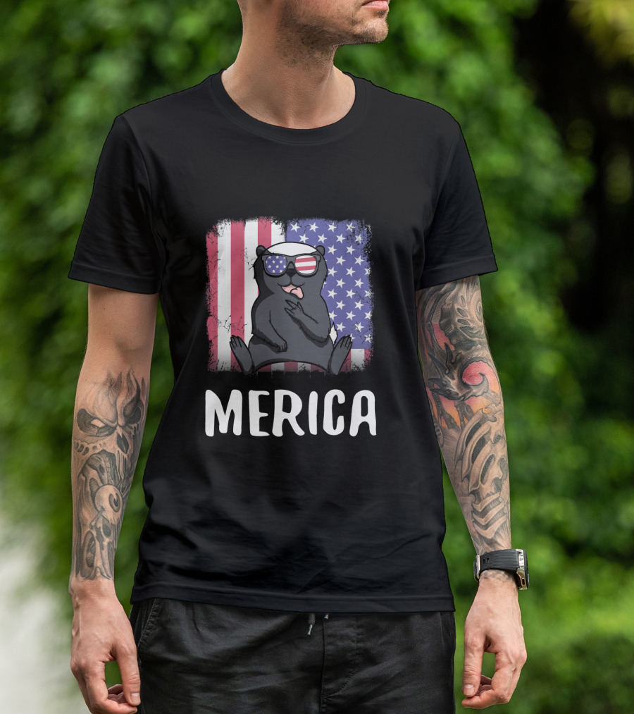 Merica Honey Badger USA American Flag Sunglasses T-Shirt