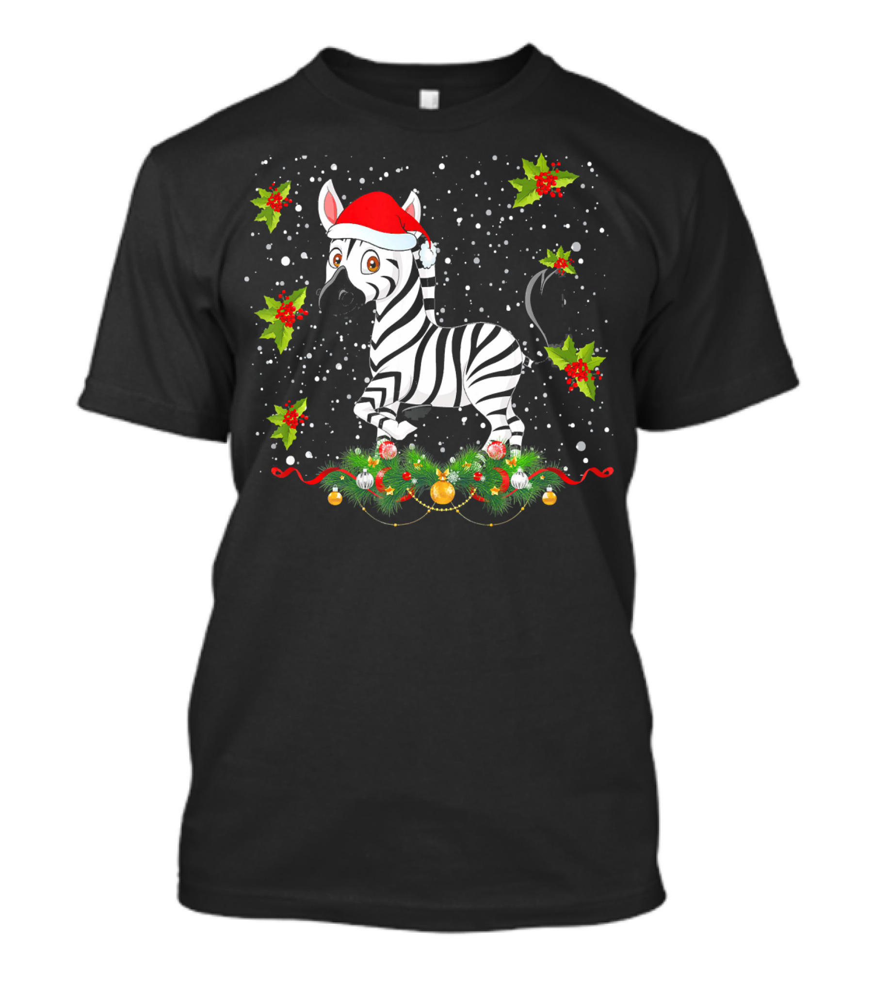Merry Christmas Zebra Santa Hat Holly And Snowflakes T-Shirt