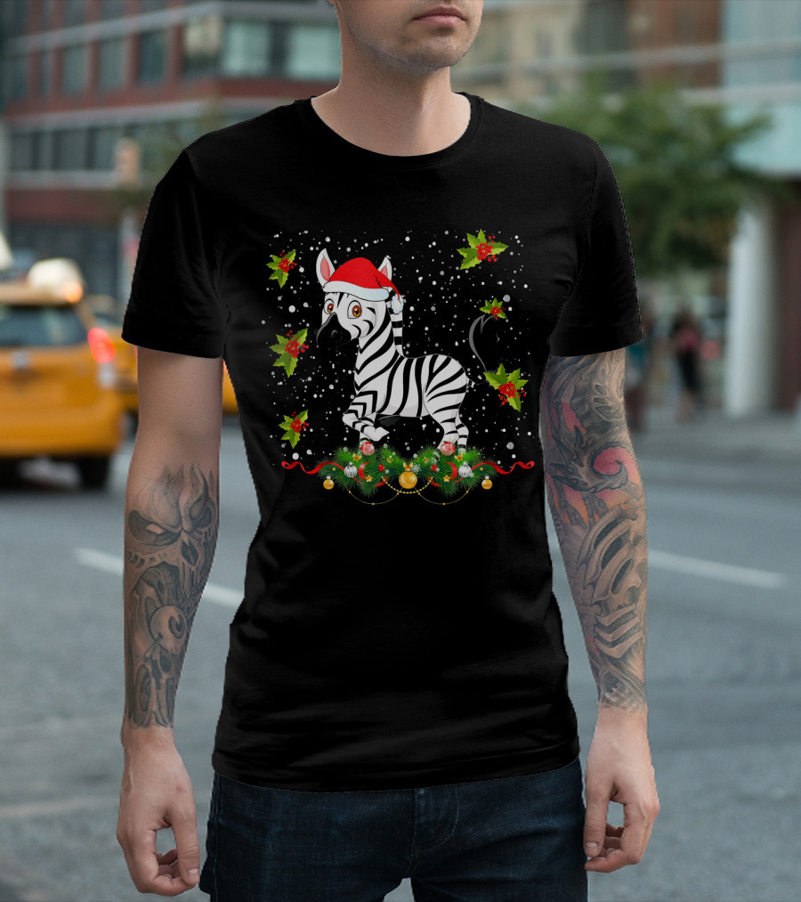 Merry Christmas Zebra Santa Hat Holly And Snowflakes T-Shirt