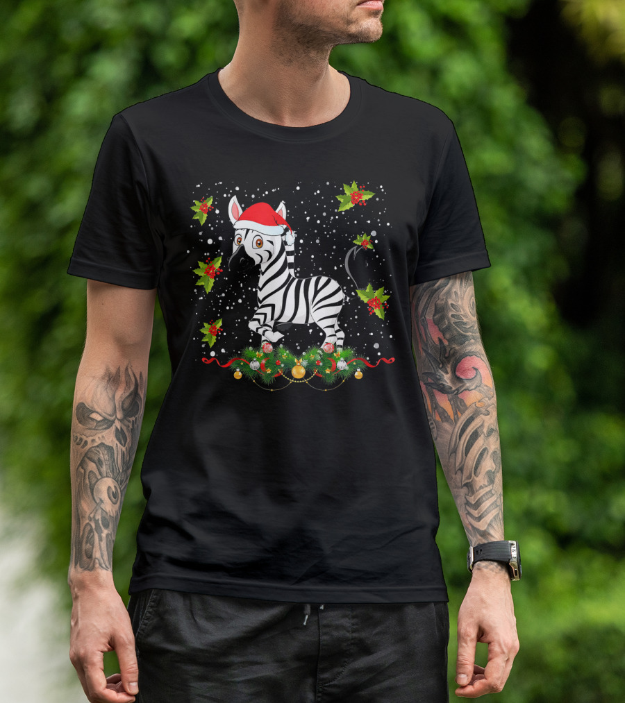 Merry Christmas Zebra Santa Hat Holly And Snowflakes T-Shirt