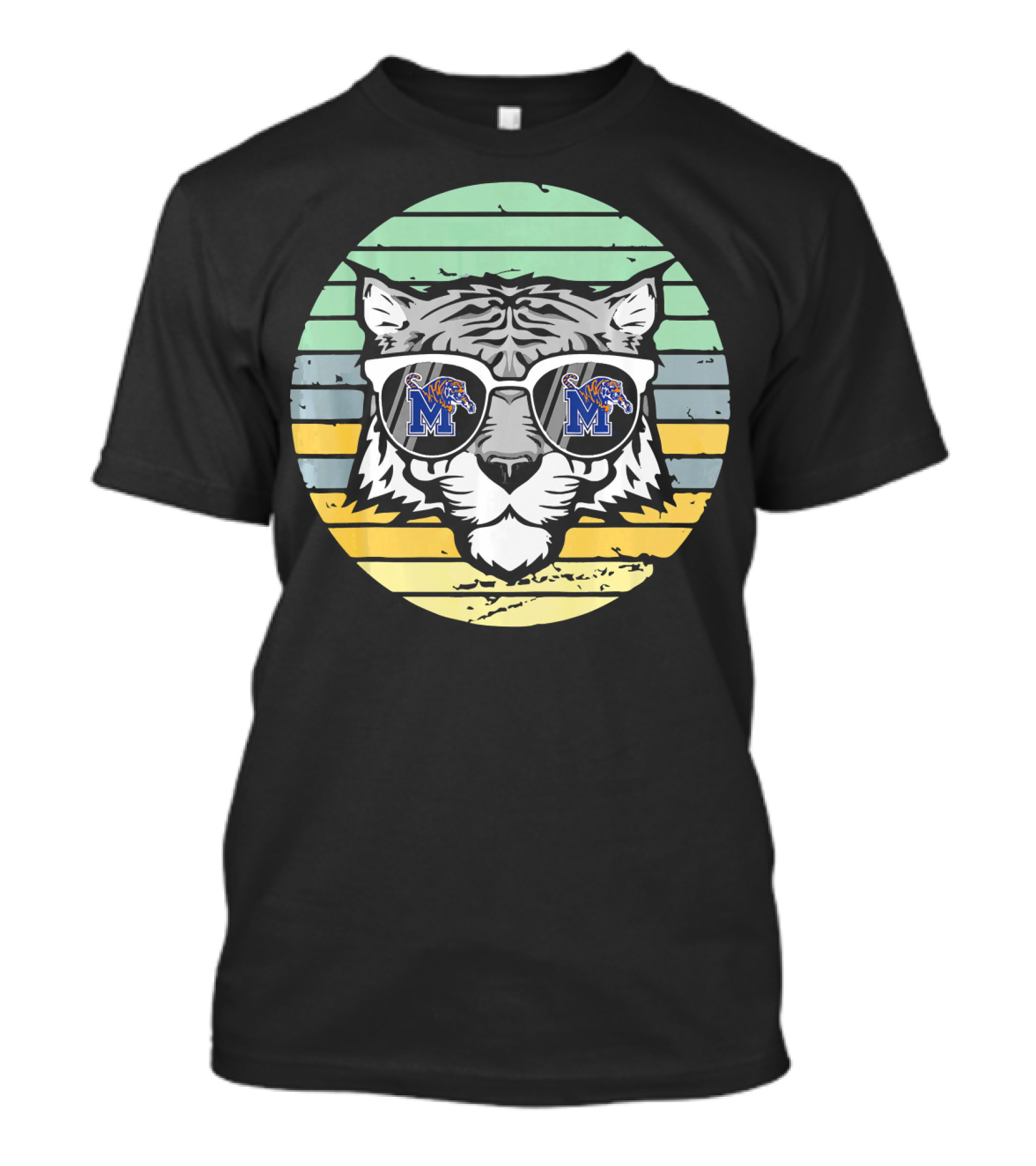 Memphis Tigers Tiger With Glasses And Retro Stripe Background T-Shirt
