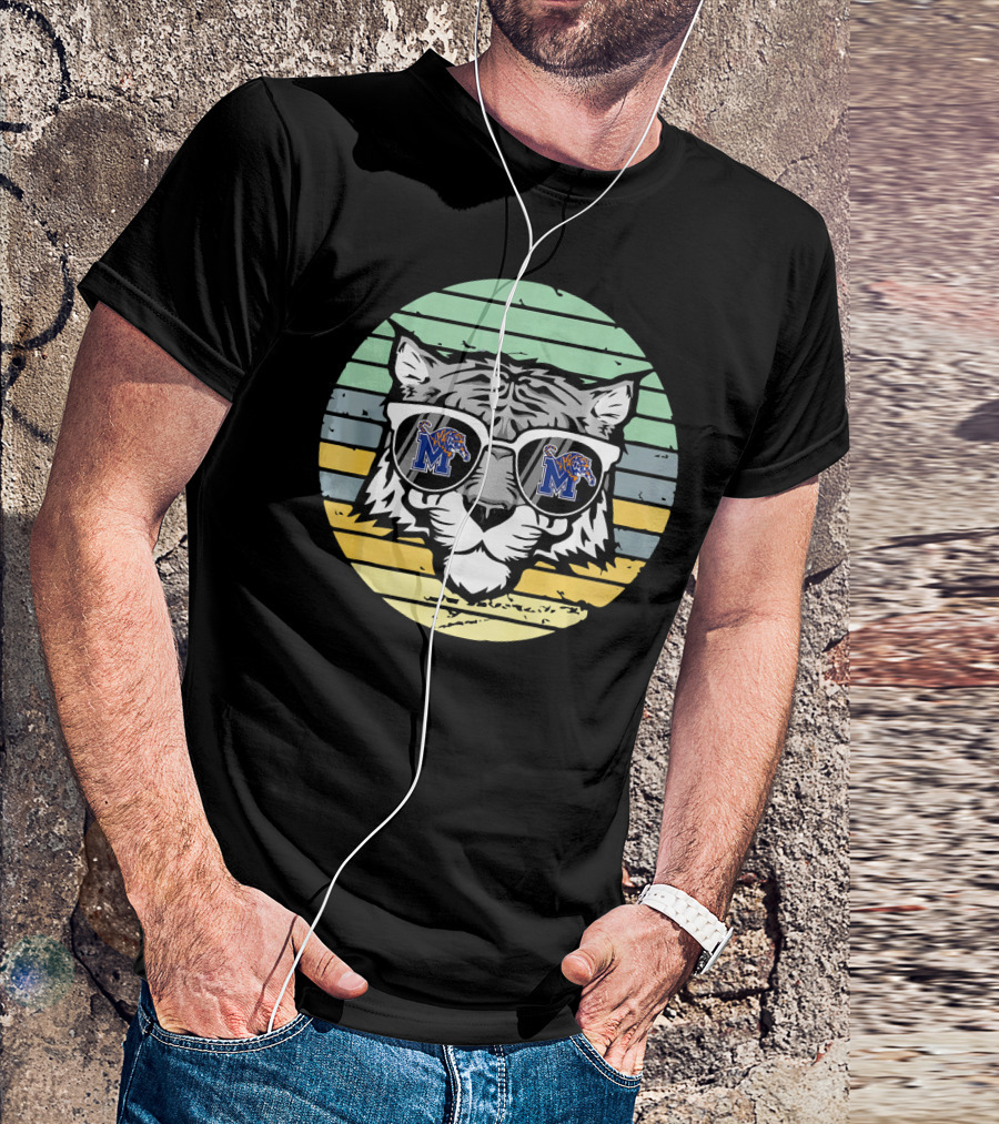Memphis Tigers Tiger With Glasses And Retro Stripe Background T-Shirt