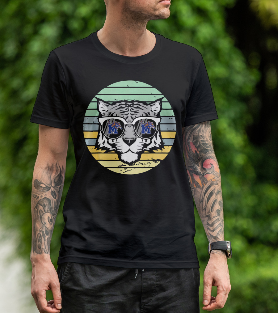 Memphis Tigers Tiger With Glasses And Retro Stripe Background T-Shirt