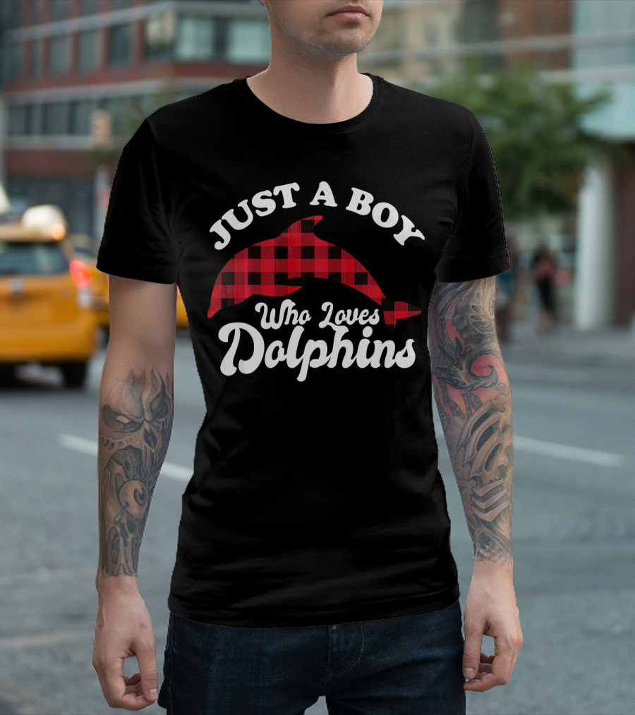 Just A Boy Who Loves Dolphins Buffalo Plaid Xmas T-Shirt