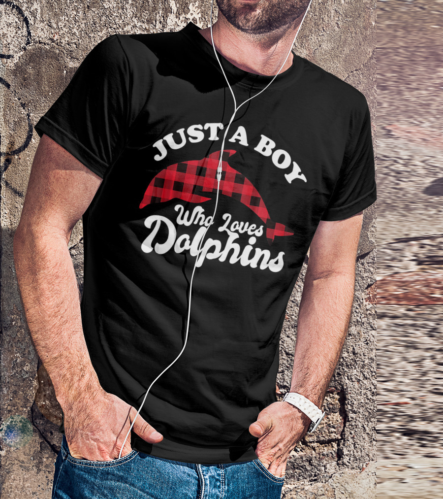 Just A Boy Who Loves Dolphins Buffalo Plaid Xmas T-Shirt