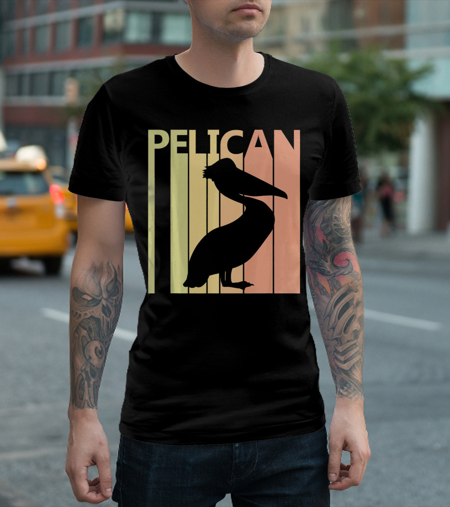 Pelican Retro Silhouette Vintage Stripes T-Shirt