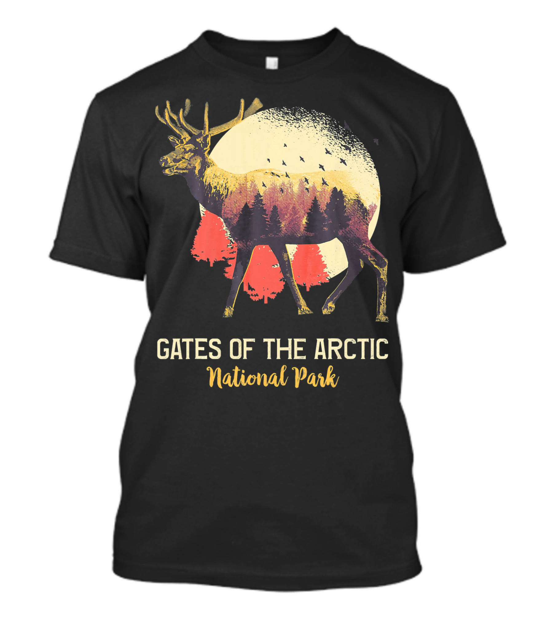 Gates Of The Arctic National Park Elk Silhouette With Forest And Moon Scene T-Shirt