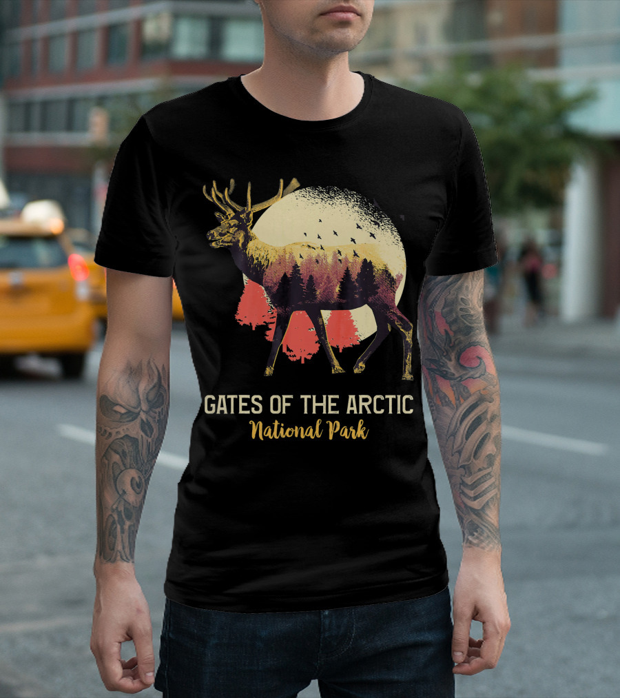 Gates Of The Arctic National Park Elk Silhouette With Forest And Moon Scene T-Shirt