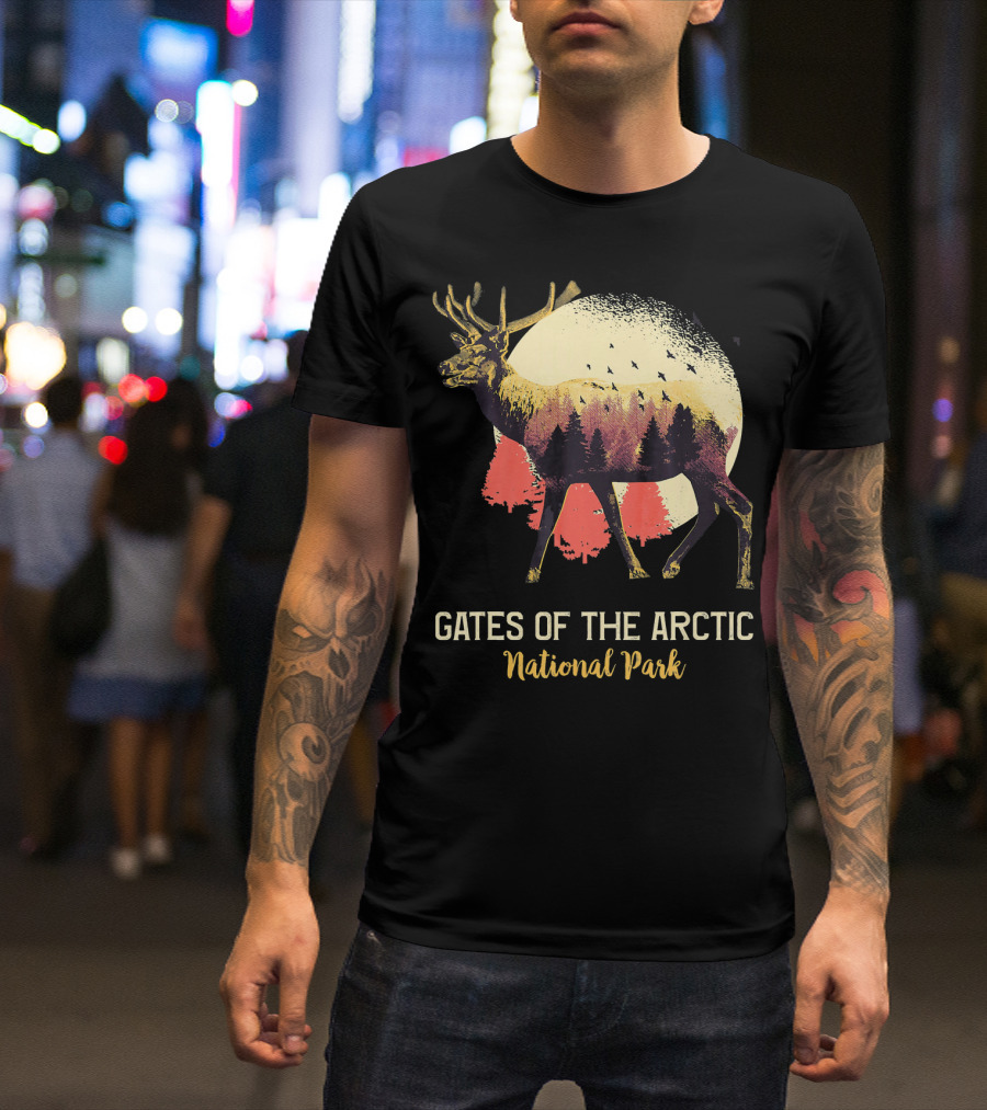 Gates Of The Arctic National Park Elk Silhouette With Forest And Moon Scene T-Shirt
