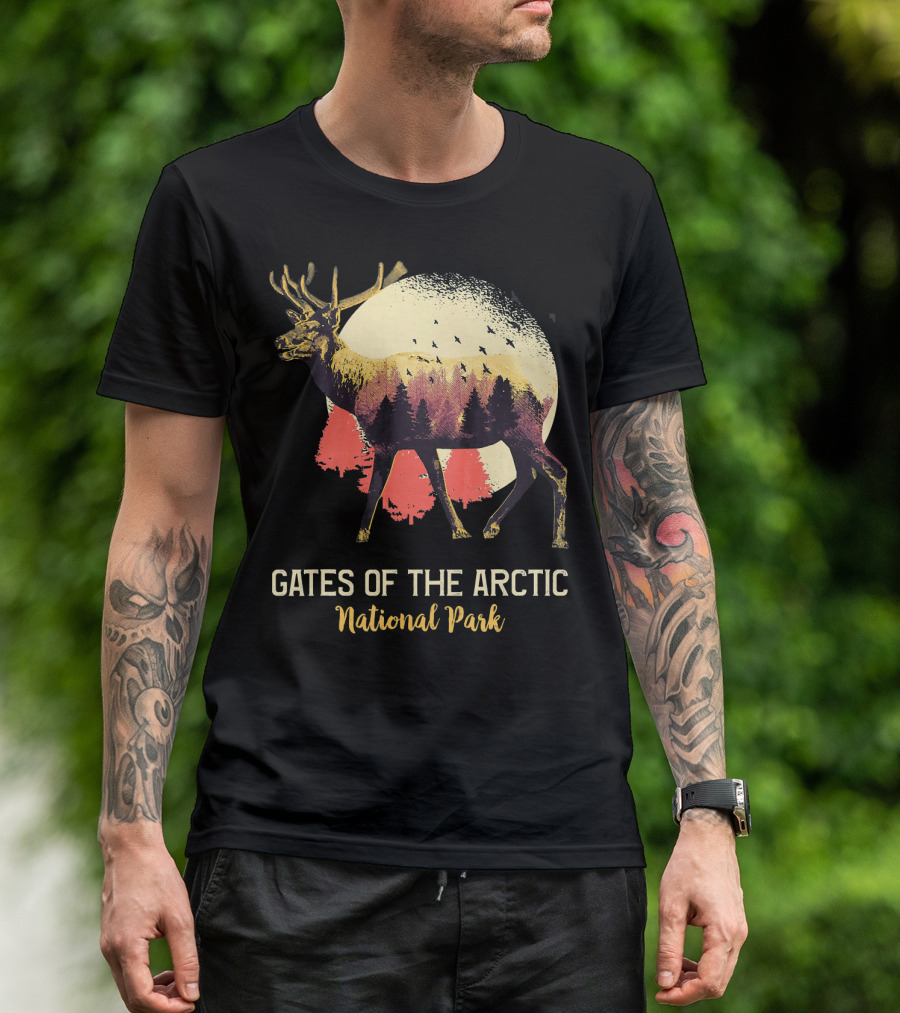Gates Of The Arctic National Park Elk Silhouette With Forest And Moon Scene T-Shirt
