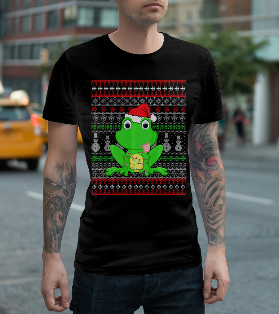 Funny Santa Hat Frog Christmas Lights Ugly T-Shirt