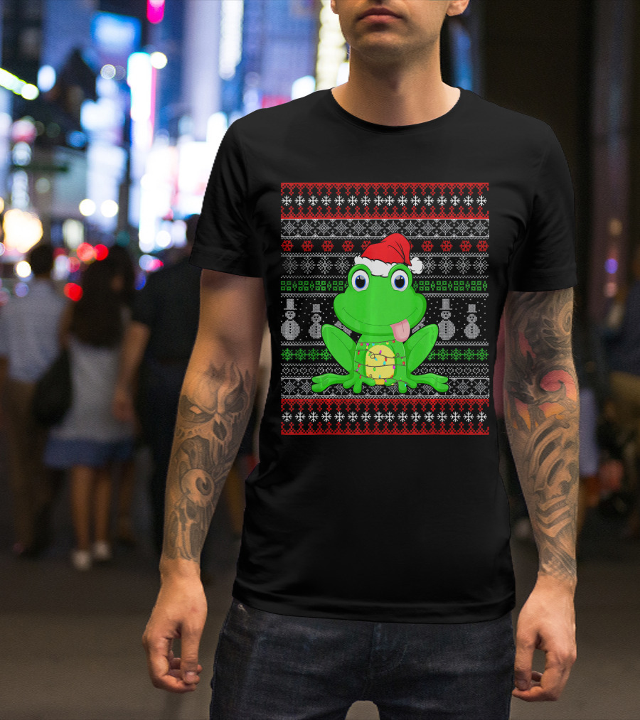 Funny Santa Hat Frog Christmas Lights Ugly T-Shirt