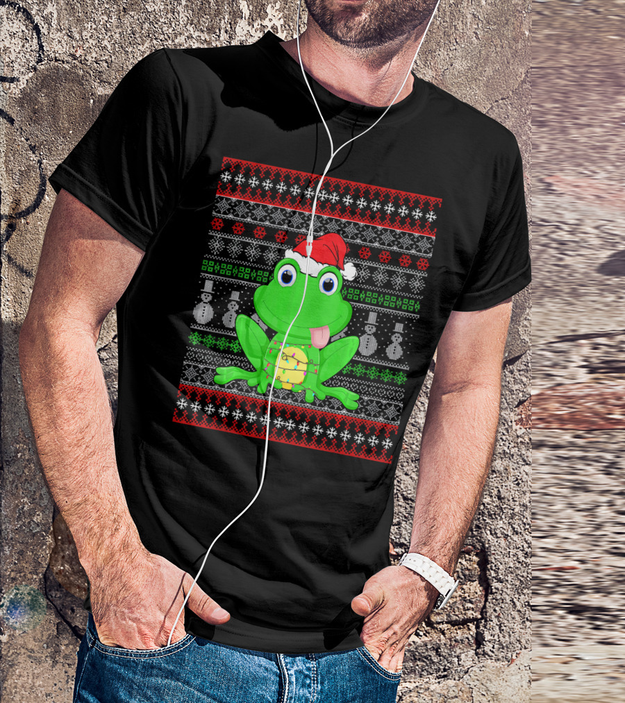 Funny Santa Hat Frog Christmas Lights Ugly T-Shirt