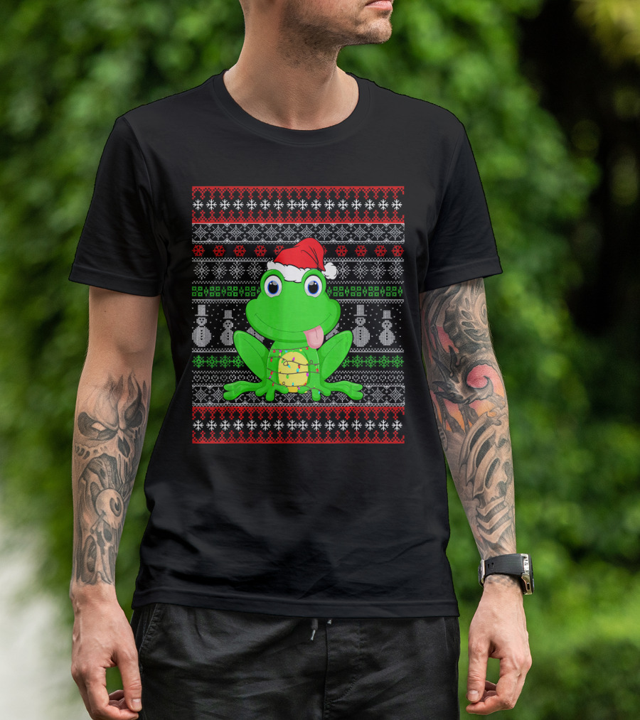 Funny Santa Hat Frog Christmas Lights Ugly T-Shirt