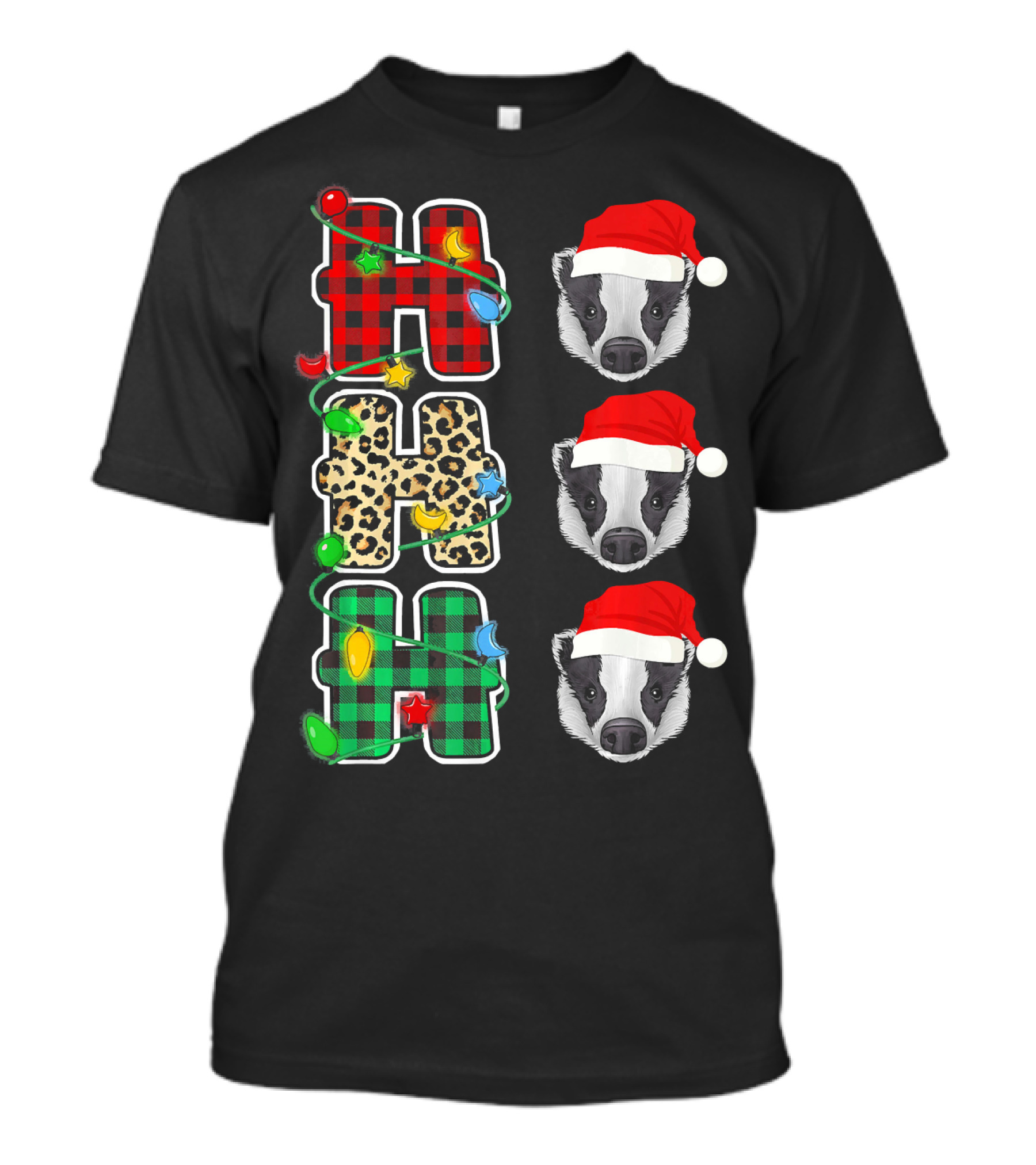 HO HO HO Christmas Lights Santa Hat Badger Leopard T-Shirt