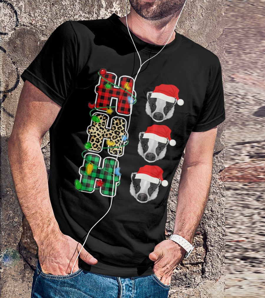 HO HO HO Christmas Lights Santa Hat Badger Leopard T-Shirt