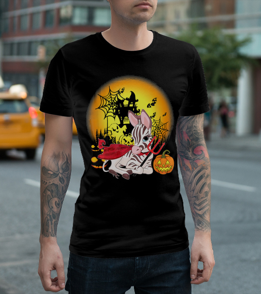 Funny Zebra Halloween Devil Costume with Pumpkin and Haunted Castle T-Shirt