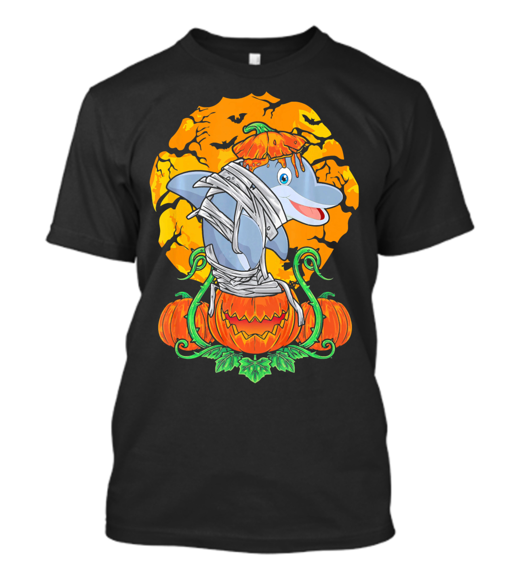 Mummy Dolphin Pumpkin Patch Halloween Moon T-Shirt