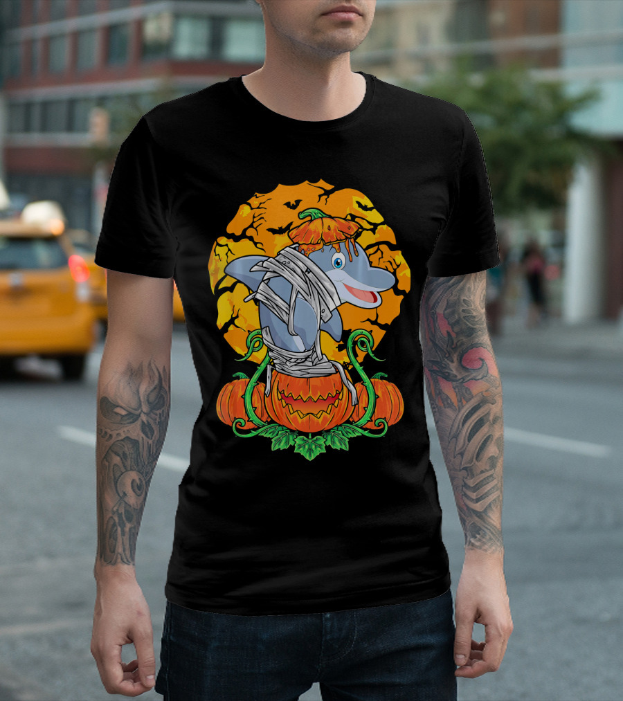 Mummy Dolphin Pumpkin Patch Halloween Moon T-Shirt