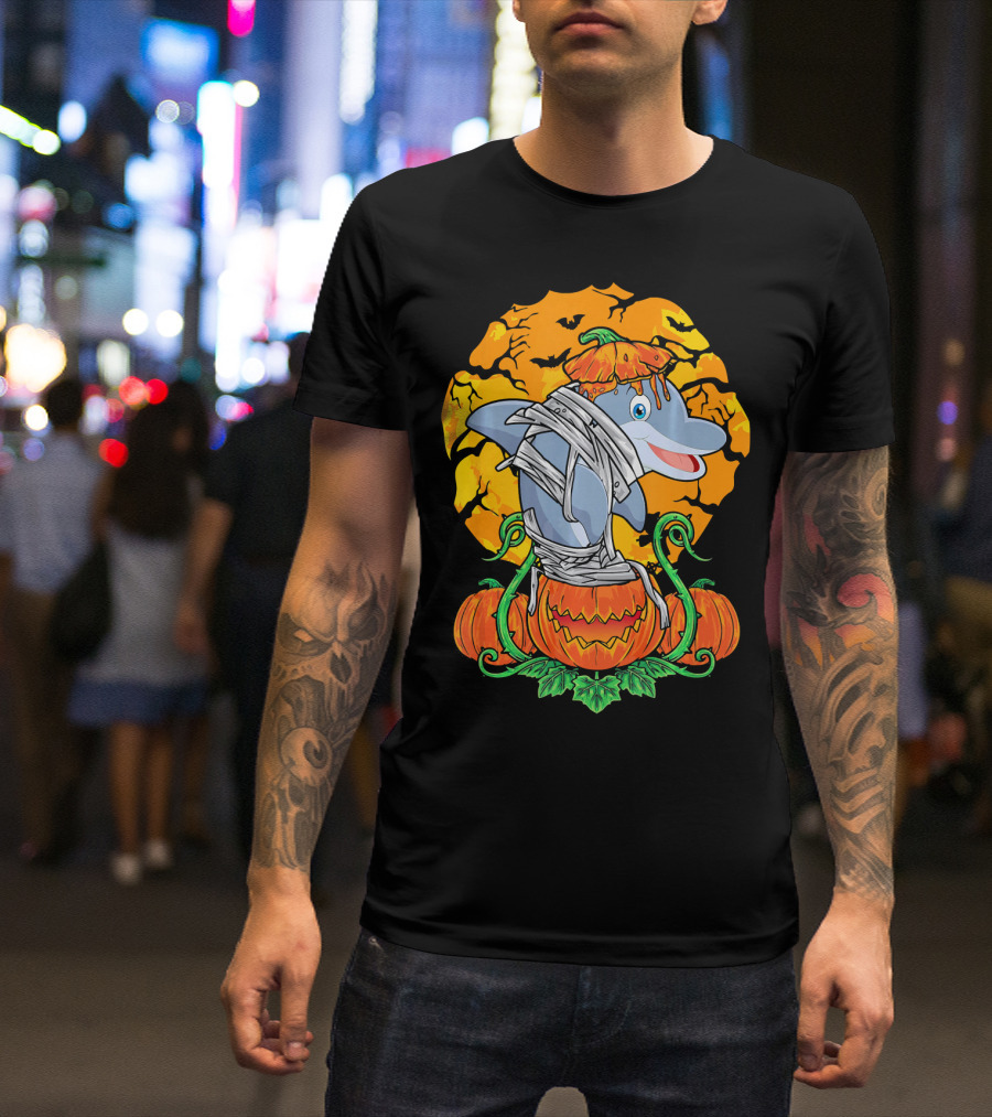 Mummy Dolphin Pumpkin Patch Halloween Moon T-Shirt