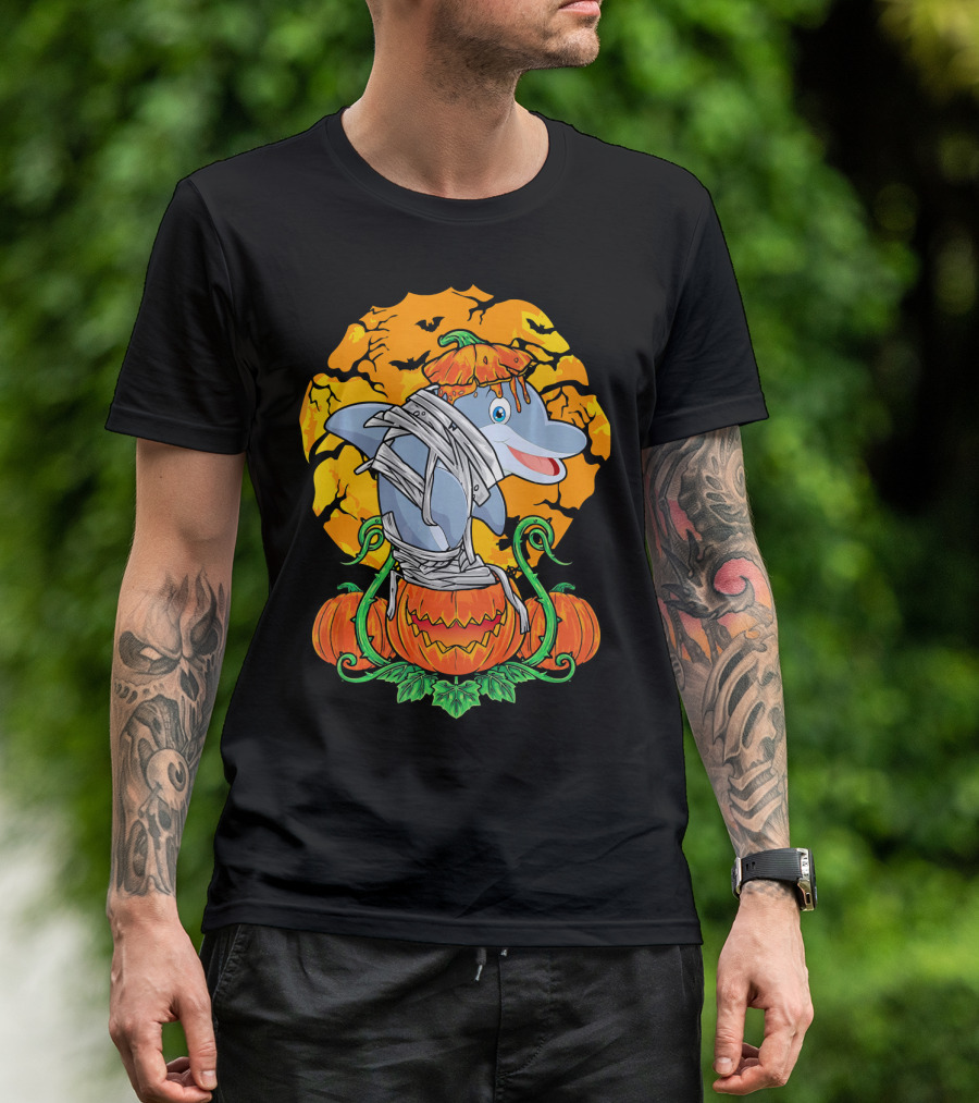 Mummy Dolphin Pumpkin Patch Halloween Moon T-Shirt