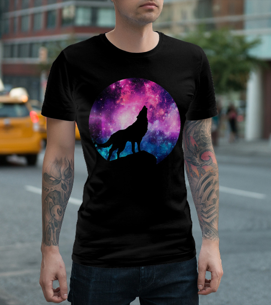 Howling Wolf in Vibrant Galaxy Moon T-Shirt