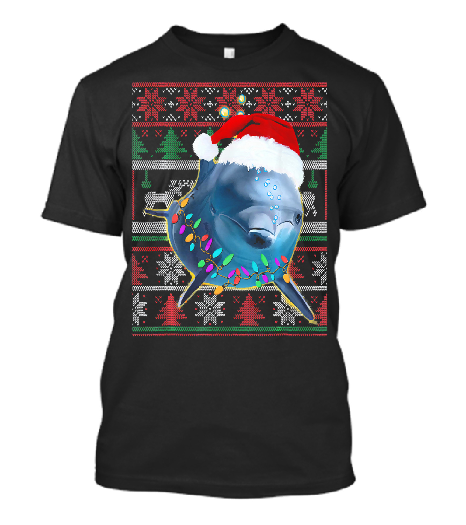 Funny Dolphin Lover Christmas Sweater Santa Hat Holiday Lights T-Shirt